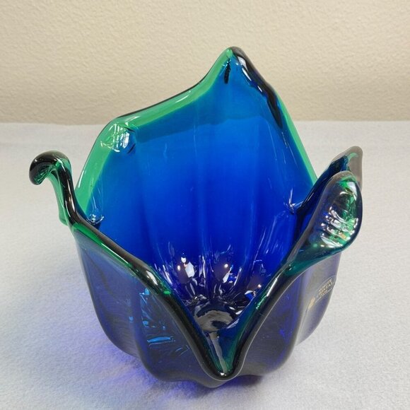 Vintage Italian Murano Style Art Glass Bowl, Cobalt Blue, Green Crest Edge 8" - Picture 3 of 15